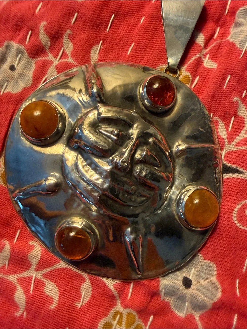 OOAK Sun Face Sterling Pendant with Amber Stones